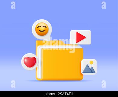 3D Multimedia Folder with Media Files. Render Image, Message and Video Documents in Ring Binder. Management of Multimedia Files and Documents. Chat, Image, Video Social Network. Vector Illustration. 3D Multimedia Folder with Media Files Stock Vector