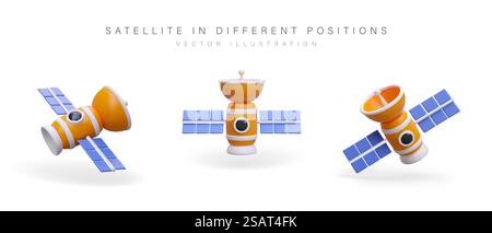 Realistic satellite with solar panels. Antenna for long distance data transmission. Set of objects in different positions. Space technologies. Observation and collection of information. Realistic satellite with solar panels. Antenna for long distance data transmission Stock Vector