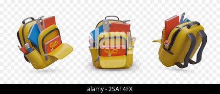 School backpack with stationery. Set of vector icons. Back to school. Student yellow shoulder bag. Isolated color illustrations. Educational color item. School backpack with stationery. Set of vector icons. Back to school Stock Vector