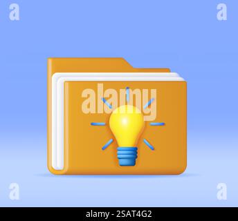 3D Business Folder full of Papers and Idea Bulb Isolated. Render Yellow Folder for Correspondence, File for Paper Documents. Open Folder Icon, Manila Archive Case or Ring Binder. Vector Illustration. 3D Business Folder full of Papers and Idea Bulb Stock Vector