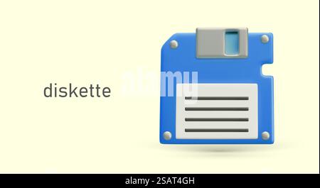 Realistic blue diskette. Old computer device for storing information. Saving symbol. Magnetic floppy disk. Retro technologies. Vector concept on colored background. Realistic blue diskette. Old computer device for storing information Stock Vector