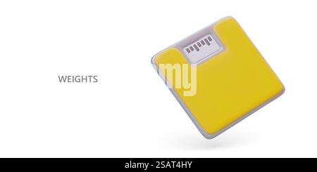 Realistic yellow floor scale with display. Electronic device for weighing. Food control, diet. Weight loss course. Vector banner on white background, place for advertising text, offer. Realistic yellow floor scale with display. Electronic device for weighing Stock Vector