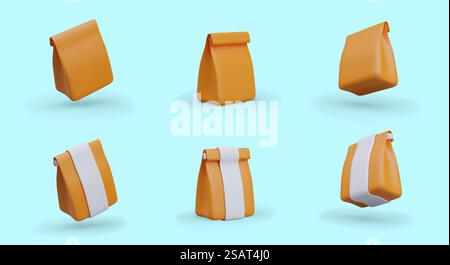 Set of paper bags, rolled and sealed. Recyclable store packaging. Vector illustration with place for logo, mockup. Image for online store, food delivery app. Set of paper bags, rolled and sealed. Recyclable store packaging Stock Vector