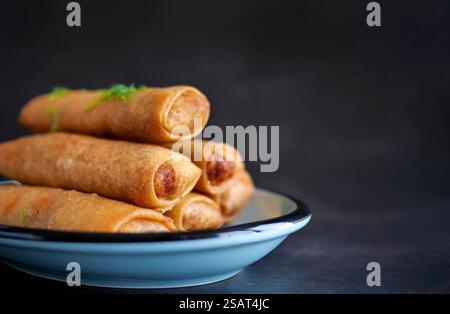 Deep fried spring roll in golden brown color, served in a blue oval shape plate, famous local street food in Thailand, food industry concept Stock Photo