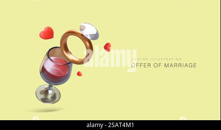 Color concept of marriage proposal. Romantic meeting, dinner with glass of wine. Wedding ring with diamond. Poster on yellow background, place for text. Marriage agency services. Color concept of marriage proposal. Romantic meeting, dinner with glass of wine Stock Vector