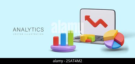 3d realistic laptop, histogram, pie chart and red arrow. Concept of business elements with shadow, business and analytics. Vector illustration in 3d style and place for text. 3d realistic laptop, histogram, pie chart and red arrow Stock Vector