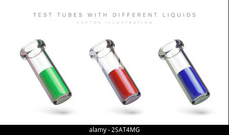 Set of narrow laboratory test tubes with green, red, blue liquid. Glassware for experiments. Tilted objects with reflections and shadows. Color volumetric icons for web design. Set of narrow laboratory test tubes with green, red, blue liquid Stock Vector