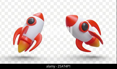 3D space rocket in flight. Set of colored vector illustrations. Theme of space exploration. Flights to other planets. Icons for game, application, site. 3D space rocket in flight. Set of colored vector illustrations Stock Vector