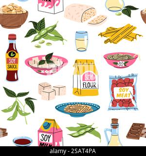 Soy products seamless pattern. Repeated soybean food, cartoon vegan tofu, noodles, sauce and milk, green proteins. Isolated elements. Decor textile, wrapping, packaging design. Tidy vector background. Soy products seamless pattern. Repeated soybean food, cartoon vegan tofu, noodles, sauce and milk, green proteins. Decor textile, wrapping, packaging design. Tidy vector background Stock Vector
