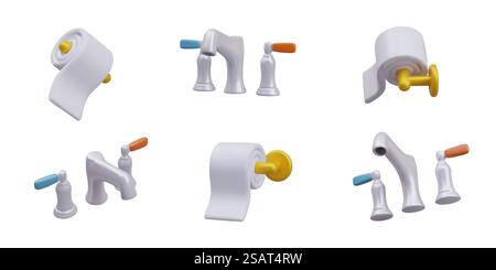 Roll of white toilet paper on metal holder, tap mixer with red and blue regulator. Set of vector colored objects in different positions. Cleanliness concept. Roll of white toilet paper on metal holder, tap mixer with red and blue regulator Stock Vector
