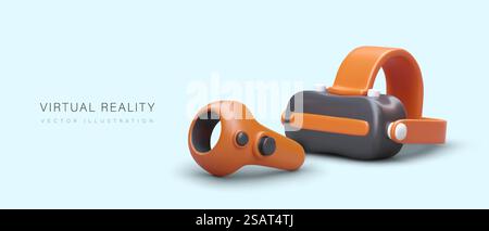 Virtual reality. Poster with 3D glasses, controllers. Modern gaming technologies. Gadgets for entertainment. Color concept for sale, rental of equipment. Virtual reality. Poster with 3D glasses, controllers. Modern gaming technologies Stock Vector