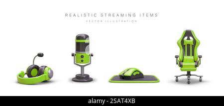 Accessories of radio presenter, blogger, streamer. Set of green gamer icons. Podcasting, news. 3D headphones, microphone, mouse, chair on wheels. Devices for user comfort. Accessories of radio presenter, blogger, streamer. Set of green gamer icons Stock Vector