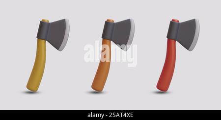 Set of 3D axes with handles of different colors. Premium icons with shadows. Colored tools with sharp blade. Equipment for woodwork. Vector web elements. Set of 3D axes with handles of different colors. Premium icons with shadows Stock Vector