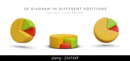 3d diagram in different positions. Pie chart with tick marks in yellow, green and red colors. Concept of sale. Vector illustration in 3d style with place for text. 3d diagram in different positions. Pie chart with tick marks in yellow, green and red colors Stock Vector