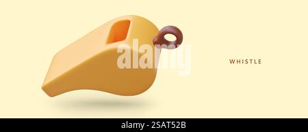 3d realistic whistle in yellow colors. Poster with sound element concept. 3d law whistle concept. Vector illustration with yellow background and place for text. 3d realistic whistle in yellow colors. Poster with sound element Stock Vector