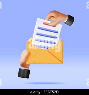 3D Document Sheet in Yellow Envelope Isolated. White Paper Blank and Mail Envelope. Postal Message, Post Mail, Invitation, News, E-Mail Concept. Business Correspondence Document. Vector Illustration. 3D Document Sheet in Yellow Envelope Isolated Stock Vector