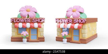 Flower shop building in cartoon style. Color 3D vector illustration. Front and side view. Huge decorative flower on roof. Florist, landscape designer services. Flower shop building in cartoon style. Color 3D vector illustration. Front and side view Stock Vector