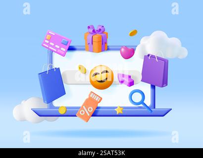 3D Online Shopping Concept. Render Computer with Shopping Symbols. Bag, Bank Card, Money, Gift Box and Discount Voucher or Sale Coupon. Online Shop, Payment and Delivery. Vector Illustration. 3D Online Shopping Concept. Stock Vector