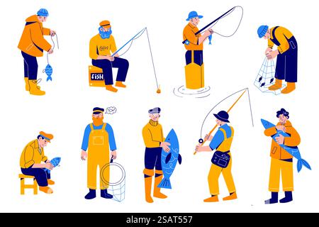Cartoon fisherman. Different cartoon men characters with big fish, people with fishing rods and nets, special hunting clothes, wading boots, outdoor hobbies, vector trendy flat style isolated set. Cartoon fisherman. Different cartoon men characters with big fish, people with fishing rods and nets, special hunting clothes, wading boots, outdoor hobbies, vector isolated set Stock Vector