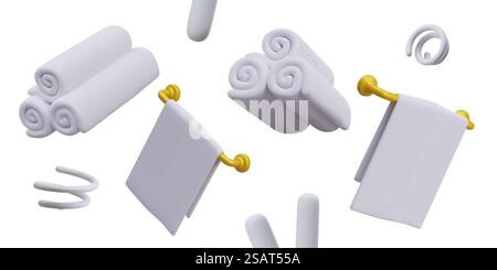 Poster with collection of different towels. New clean rolls and handle towels. Collection for home or hotel. Vector illustration in 3d realistic style. Poster with collection of different towels. New clean rolls and handle towels Stock Vector
