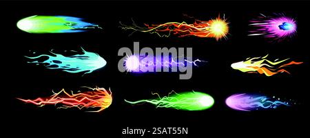 Blasters laser effect mega set in cartoon graphic design. Bundle elements of game handgun shoots with glowing lights, fireballs with spark trail, energy explosion. Vector illustration isolated objects Stock Vector
