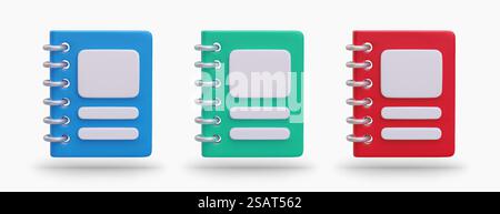 Set of office copybooks in different colors. Realistic notebooks with clean covers, mockup. Vector objects in vertical position. Blue, green, red planner. Set of office copybooks in different colors. Realistic notebooks with clean covers, mockup Stock Vector