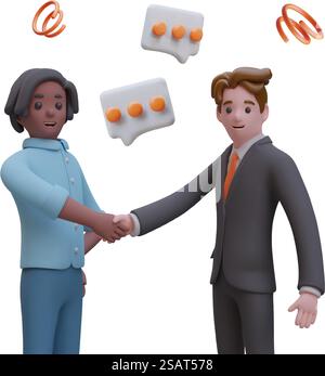 Male in business suit shaking hand to American man. Business meeting with colleague. Employees at work. Vector illustration in 3d style in blue gray and orange colors. Male in business suit shaking hand to American man. Business meeting with colleague Stock Vector