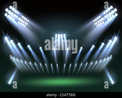 Stadium lights background. Directional sources, football field searchlights, cold rays, sport arena lighting design, different directions projector, Illuminated scene, utter vector realistic concept. Stadium lights background. Directional sources, football field searchlights, cold rays, sport arena lighting design, different projectors, Illuminated scene, utter vector realistic concept Stock Vector