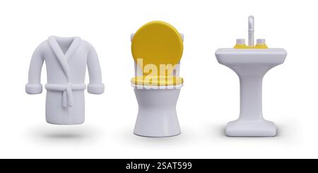 Realistic white bath robe, washstand, toilet with raised golden lid. Set of color vector elements. Items for luxurious modern bathroom. Icons, templates for web design. Realistic white bath robe, washstand, toilet with raised golden lid Stock Vector