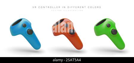 Set of VR controllers of blue, red, green color. Device for interaction with virtual reality. Modern technology. Innovative digital gadget. Isolated vector image. Set of VR controllers of blue, red, green color. Device for interaction with virtual reality Stock Vector