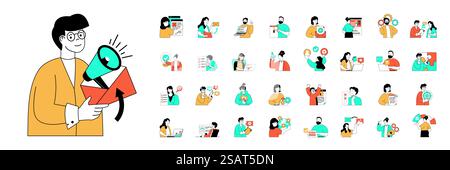 Marketing and development concept with character situations mega set in flat web design. Bundle of scenes people programming and releasing products, making online promotion. Vector illustrations. Stock Vector