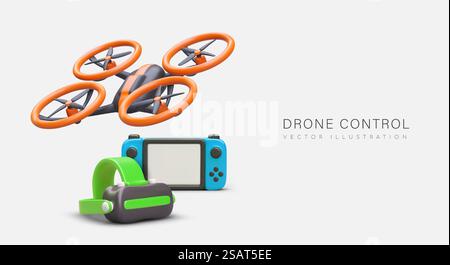 Drone operator. Video surveillance. Learning how to control quadcopter. Modern equipment for videography, aerial photography. 3D drone, remote control, VR glasses. Drone operator. Video surveillance. Learning how to control quadcopter Stock Vector