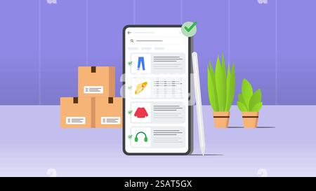 Online shopping. Product list on mobile e commerce app. Vector illustration with purple background. Stock Vector