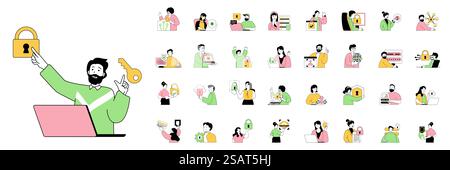 Cyber security concept with character situations mega set in flat web design. Bundle of scenes people saving internet privacy, using password access and fingerprint identity. Vector illustrations. Stock Vector