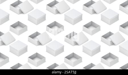 Carton boxes isometric illustration pattern on white background. Packaging containers realistic 3d models design elements. Promo items. Carton boxes variations isometric realistic vector pattern Stock Vector