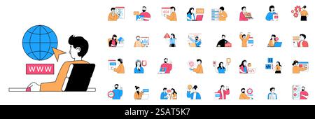 Programming concept with character situations mega set in flat web design. Bundle of scenes people working with program code, coding apps and creating software, fixing bugs. Vector illustrations. Stock Vector