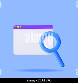 3D Browser Window and Magnifying Glass Isolated. Render Web Page GUI with Zoom Lens. Browser or Operating System Search. Web Page or Internet Searching Tools Concept. Vector Illustration. 3D Browser Window and Magnifying Glass Stock Vector