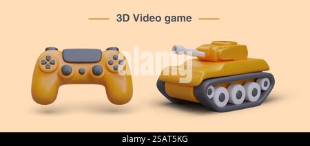 Poster with plastic game console and realistic tank. Video game with weapon for cartoon army. Military heavy equipment for 3d computer game. Vector illustration. Poster with plastic game console and realistic tank. Video game with weapon for cartoon army Stock Vector