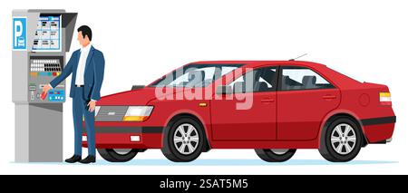 Man Pay for Car Park with Parking Meter Isolated. Ticket Machine Icon. Male Car Driver and Sedan Vehicle. Self Service Parking Pay. Electronic Payment Terminal. Cartoon Flat Vector Illustration. Man Pay for Car Park with Parking Meter Isolated Stock Vector