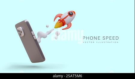 Phone speed. Features of smartphone. Productivity of gadget. Processor operation. Advantages of new model. Mobile speed test apps. Color poster with 3D illustration and text. Phone speed. Features of smartphone. Productivity of gadget. Processor operation Stock Vector