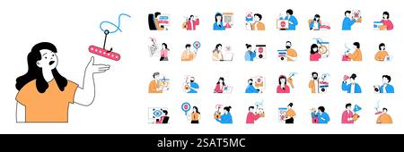 Phishing concept with character situations mega set in flat web design. Bundle of scenes people getting spam emails, personal data phishing and hacking accounts, searching bugs. Vector illustrations. Stock Vector