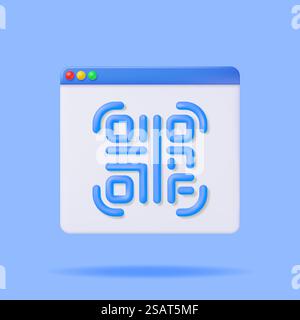 3d QR Code Icon in Browser Window Isolated. Render Modern QR Code. Online Shopping. Advertisement, Marketing and Promotion. Scan Code for Verification, Payment or identification. Vector Illustration. 3d QR Code Icon in Browser Window Stock Vector