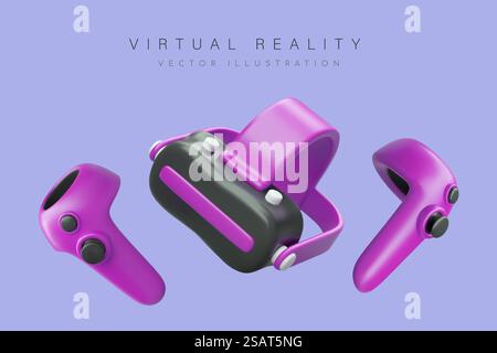Augmented reality headset. Innovations in entertainment and gaming business. Concept for advertising games, equipment. Vector banner with place for text and 3D illustration. Augmented reality headset. Innovations in entertainment and gaming business Stock Vector