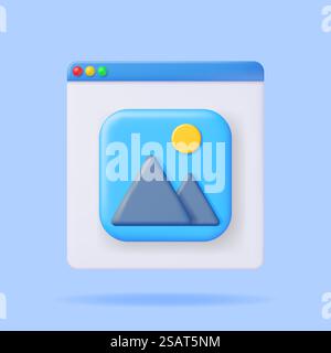 3D Gallery Icon in Browser Window Isolated. Minimal Mountains with Sun Under Blue Sky. Cartoon Render Photo Icon. App Image File. JPG Photo Symbol. Simple Geometric Element Design. Vector Illustration. 3D Gallery Icon in Browser Window Stock Vector