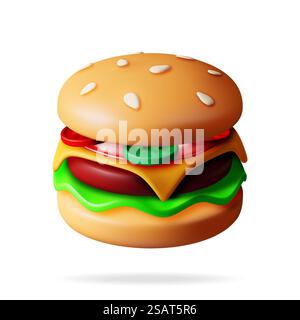 3D Tasty Burger Isolated on White. Render Burger Icon with Salted Cucumber, Salad, Tomato, Cheese, Sauce, Bun with Sesame Seeds and Beef Cutlet. Cheeseburger Fast Food. Realistic Vector Illustration.. 3D Tasty Burger Isolated on White. Stock Vector