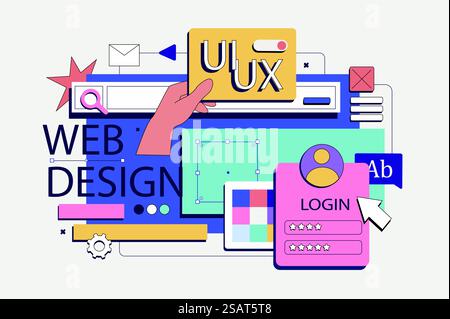 Web design concept in flat neo brutalism design. User interface creation with placing graphic content and buttons on responsive layout. Vector illustration for social media banner, marketing material. Stock Vector