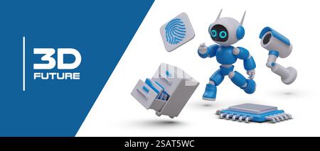 3D future. Central processing unit, CPU. Realistic robot, microprocessor, fingerprint, surveillance camera, office drawer unit. Access control, protection of personal data. Automated security system. 3D future. Central processing unit, CPU. Access control, protection of personal data Stock Vector
