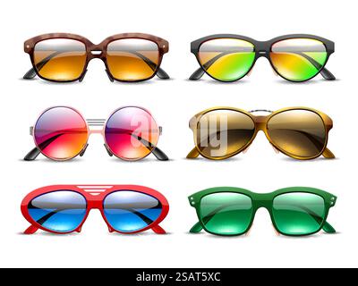 Realistic sunglasses. Tinted eyewear in colored plastic frames, bright darkened lenses, summer optics, sun eye protection, fashion accessory different form 3d objects utter vector isolated eyewear set. Realistic sunglasses. Tinted eyewear in colored plastic frames, bright darkened lenses, summer optics, sun eye protection, fashion accessory different form 3d objects utter vector eyewear set Stock Vector