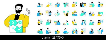 Digital business concept with character situations mega set in flat web design. Bundle of scenes people developing e-business, chatting with clients, make advertising online. Vector illustrations. Stock Vector