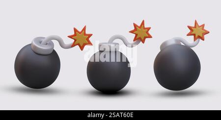 Round black bomb with burning fuse. Set of 3D images with shadows. Color vector game illustrations, icons. Explosive device. Ready to explode. Fire at end of cord detonator. Round black bomb with burning fuse. Set of 3D images with shadows Stock Vector